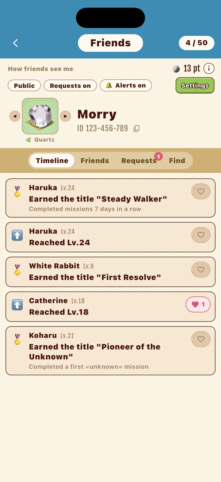 The Friends screen, with titles earned and level-ups on the timeline