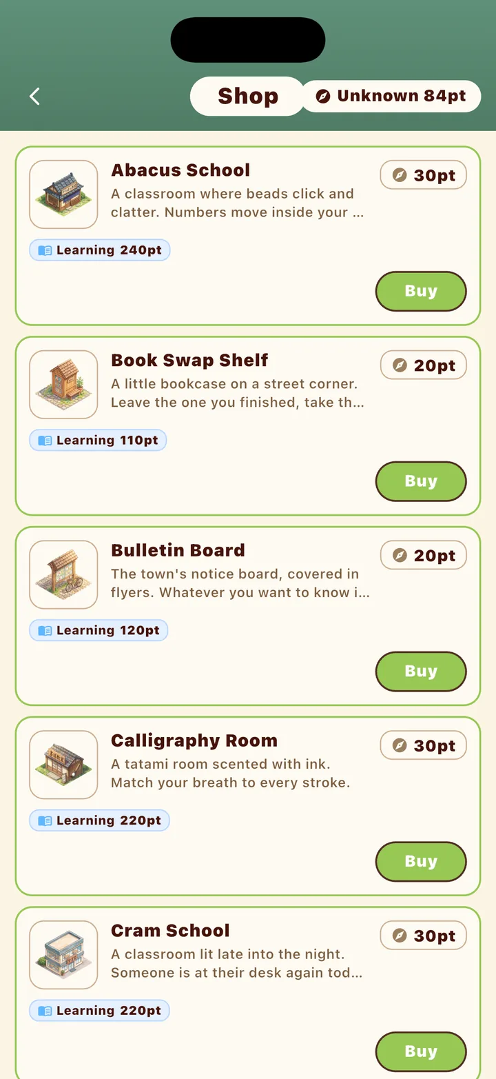The shop, where you choose buildings with unknown points